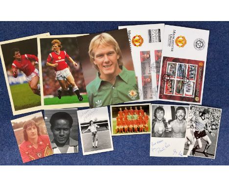 Football, 1980s, Man Utd. Liverpool and others, 9 signed and 2 unsigned items. Gordon Strachan, Mark Hughes and Gary Bailey, 