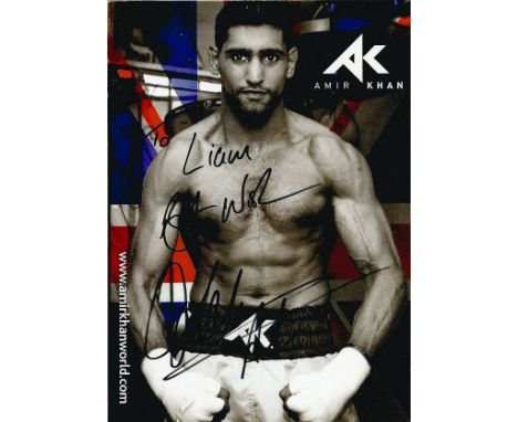Amir Khan signed and dedicated 6x4 colour promo photograph. Khan is a British professional boxer, promoter and philanthropist