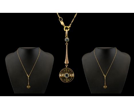 9ct Gold Pendant Drop Set with Aquamarines - attached to a fine 18ct gold chain marked 750 - 18ct. The whole making pleasing 