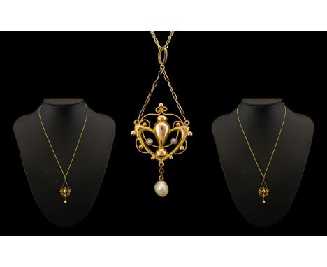 Victorian Period Attractive 9ct Gold Open Worked Pendant with Pearl Drop - attached to a 9ct gold chain. Both pendant and cha
