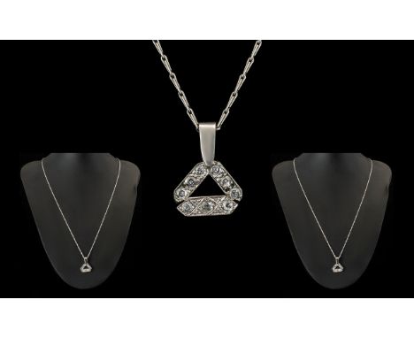 18ct White Gold - Attractive Diamond Set Pendant with Attached 9ct White Gold Chain. The Pendant Marked 18ct. The Diamonds of