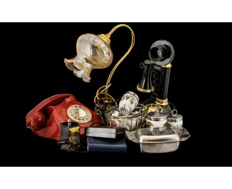 Box of Vintage Collectibles including vintage 'Speakeasy' Candlestick black phone; brass table lamp with glass shade; vintage