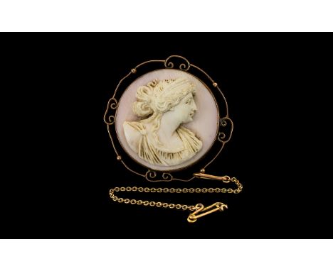 Victorian Period Very Pleasing and Attractive 9ct Gold Circular Mounted Cameo with Safety Chain. Features a Quality Hand Carv