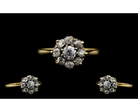 Edwardian Period - Excellent Quality Diamond Set Cluster Ring - Flower head Setting. Marked 18ct. The Central Diamond Surroun