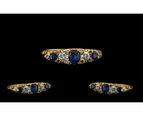 Antique Period - 18ct Gold Five Stone Excellent Quality Diamond and Blue Sapphire Set Dress Ring, Gallery Setting. Hallmark B