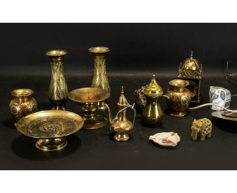 Box of Misc Brass Items - to include, electric lantern clock, Indian brass vases, brass dishes and comport calendar. 