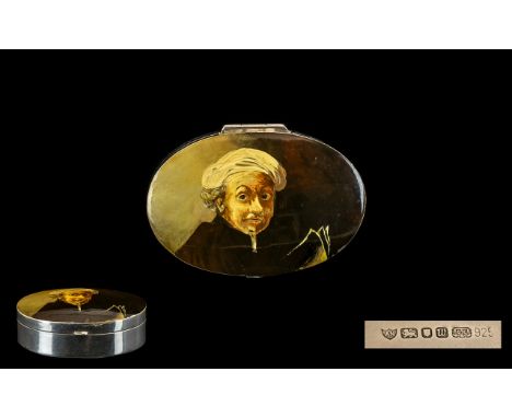 Contemporary Large Oval Shaped Silver and Enamel Lidded Box with a Picture of The Artist Rembrandt to Cover. Hallmark London 