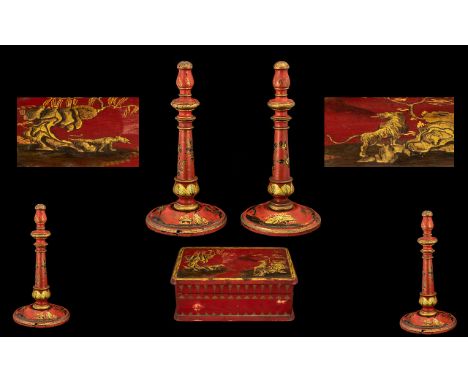Red Lacquered Gilt Decorated Cigarette Box, depicting tigers to the lid, with a pair of similar red-lacquered decorated lamp 