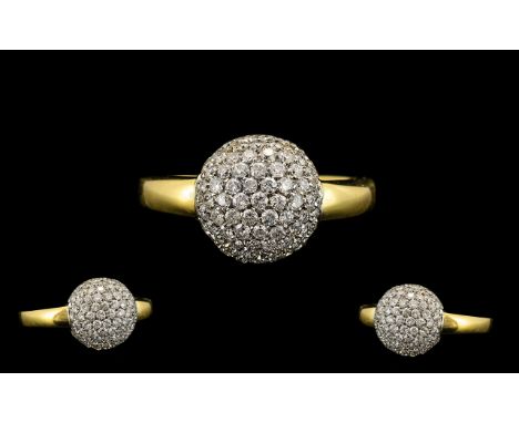 18ct Gold - Contemporary Designed Dome Shaped Diamond Set - Glitz Dress Ring. Marked 18ct - 750. The Diamonds of Excellent Co