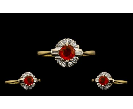 18ct Gold Superb Quality Fire Opal and Diamond Set Dress Ring fully hallmarked for 18ct, The Fire Opal of wonderful colour. T