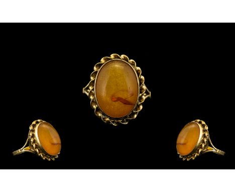 Ladies 9ct Gold Attractive Cabochon Cut Orange Chalcedony Dress Ring - excellent setting. Full hallmark for 9 ct - 375. Ring 