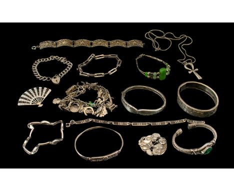 Excellent Collection of Sterling Silver Jewellery - 14 pieces in total. Comprising charm bracelet, bangles, bracelets, brooch
