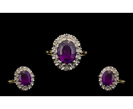 18ct Gold Attractive Amethysts and Diamond Set Cluster Ring - In a Contemporary Art Work Setting. The Central Amethysts of Wo