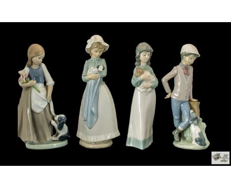 Nao by Lladro Collection of Four Figurines.  1.  Young Girl Holding Flowers with Small Dog, height 9.25" - 23.20 cm.  2.  You