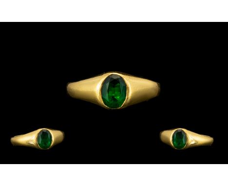 18ct Gold Attractive Single Stone Emerald Set Dress Ring - the emerald of excellent colour oval shape estimated 1.00ct. Portu