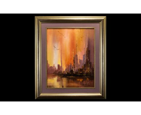 Julio Carballosa Oil on Canvas titled 'Harbour Light Show' by Cuban American artist Julio Carballosa (1919 - 2012).  Oil on c