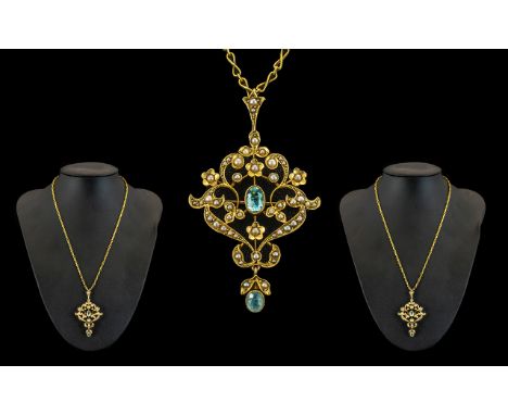 Victorian Period 15ct Gold Superb Quality - Open worked Ornate Pendant Drop with Attached 18ct Gold Chain. The Pendant Set wi