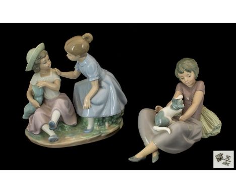 Nao by Lladro Handpainted Porcelain Figures (2).  Both in 1st quality - mint condition.  Rare figure title 'Girl with Cat' da