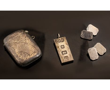 A Small Mixed Lot of Silver to include a 1905 Vesta Case with engraved decoration, an ingot with feature hallmark and a pair 