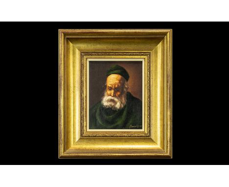 20thC Portrait on Canvas, Spanish housed in a gilt swept frame, depicting a bearded sage in green drapery. Measuring 7 by 8.6