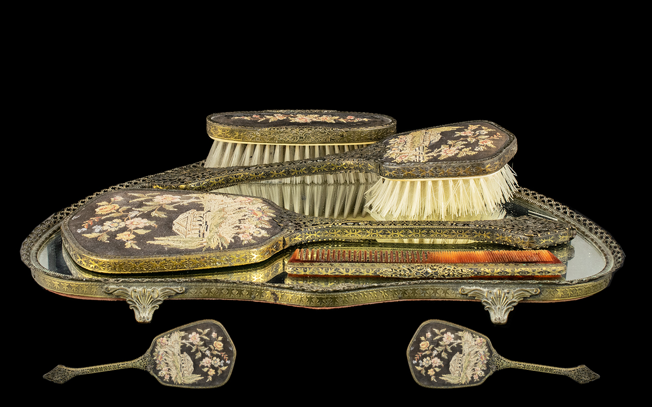1930's Dressing Table Set on a mirrored tray with brushes, comb and