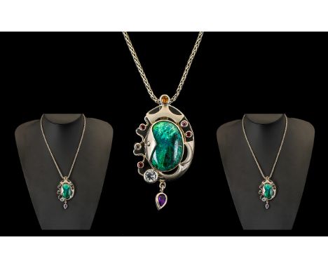 Designer Silver Hallmarked Pendant &amp; Chain by PAM, Birmingham.  In the Art Nouveau style, encrusted with semi-precious st