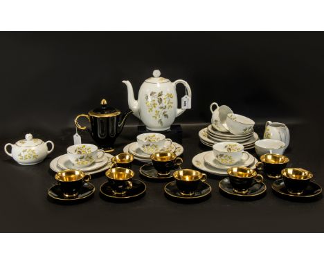 Tea Set by Fein Bayreuth of Germany comprising tea pot, milk jug, lidded twin-handled sugar bowl, six cups, six saucers and s