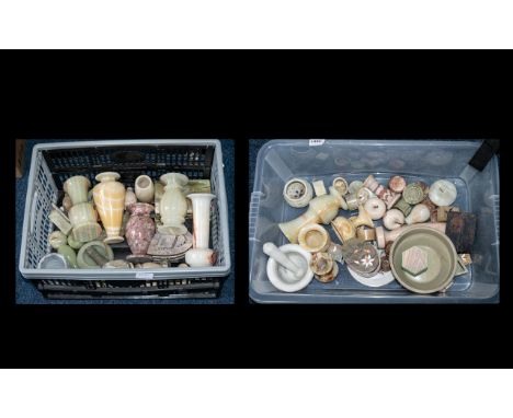 Two Large Boxes of Onyx, Marble &amp; Sandstone Items to include vases, trinket boxes, pestle and mortar set, boxes, candle b