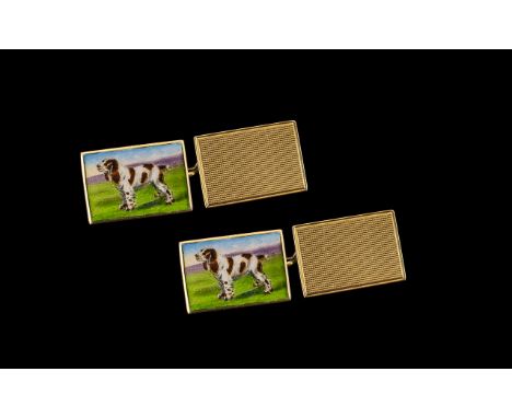 Pair Of Gents 9ct Gold Enamel Cufflinks Of rectangular Form, The Enamelled Fronts Depicting Spaniel Dogs Within A Landscape, 