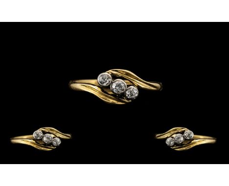 18ct Gold Pleasing Petite 3 Stone Diamond Set Dress Ring, Diamonds are Good Quality. Ring Size - N. c.1950's. All Aspects of 