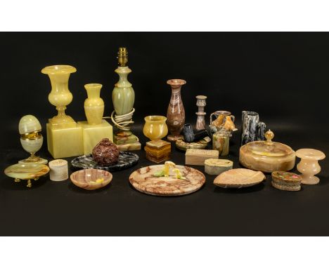 Large Collection of Marble, Onyx &amp; Sandstone Items to include lamp base, vases, table lighter, boxes, trinket boxes, tea 