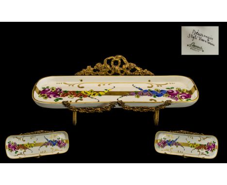 A Late 19thC Ceramic Pen Tray Limoges Hand Painted Floral Decoration , ormolu mounted. Marked to base Limoges France. Length 