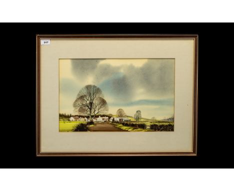 J R Hurley Signed Watercolour depicting an English rural farm scene in autumn.  Signed, plus a cat motif.  Mounted and framed
