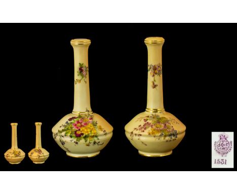 Royal Worcester Pair of Matched Blush Ivory Specimen / Posy Vases, Each Vase Decorated with Images of Spring Flowers. Date 18