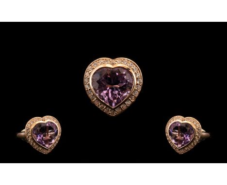 Rose de France Amethyst and White Zircon Heart Shaped Ring, an 11ct heart shaped Rose de France amethyst solitaire, framed by