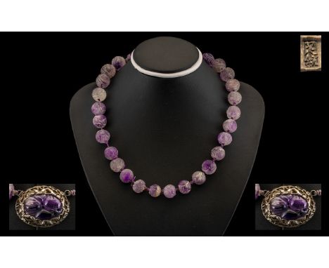 19th Century Chinese Amethyst Necklace. Victorian amethyst necklace with hall marked Chinese silver clasp, necklace made from