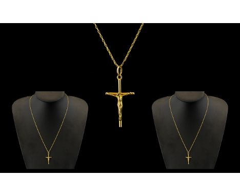 18ct Gold Cross with Attached 14ct Gold Long Chain - gold cross marked 18ct. All aspects of condition excellent. Confirm with