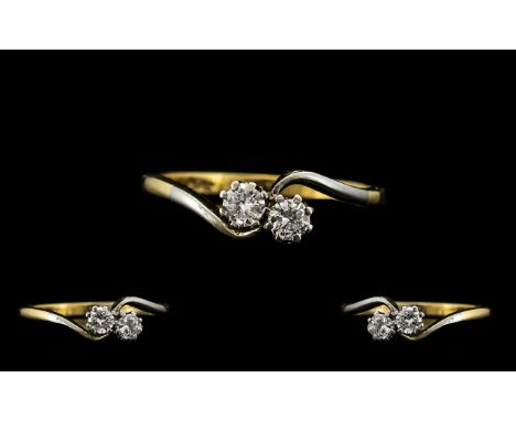 18ct Gold and Platinum Set Two Stone Diamond Ring of Attractive Form and Quality. Marked to Interior of Shank Platinum and 18