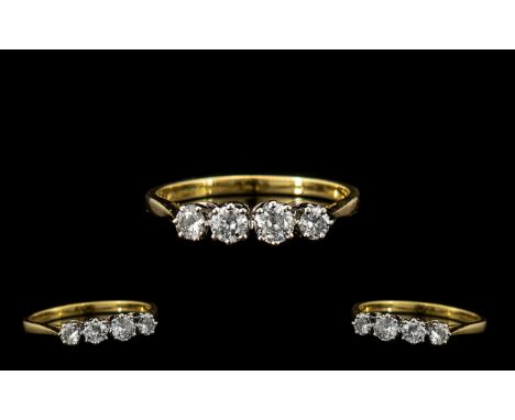 18ct Gold - Attractive 4 Stone Diamond Set Ring, The 4 Round Brilliant Cut Diamonds of Good Colour / Clarity. Est Diamond Wei