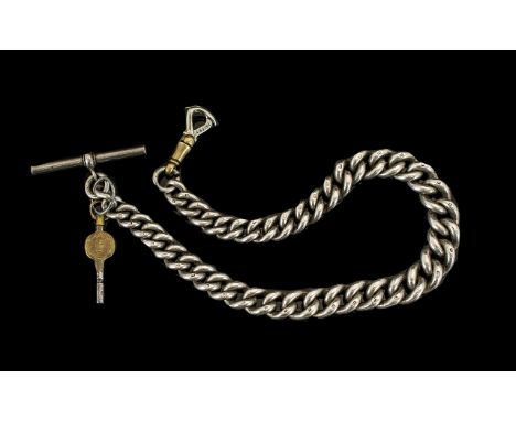 Antique Period - Solid Silver Albert Chain with T-Bar and Attached Watch Key, All Links Marked for 925 Sterling Silver. c.190