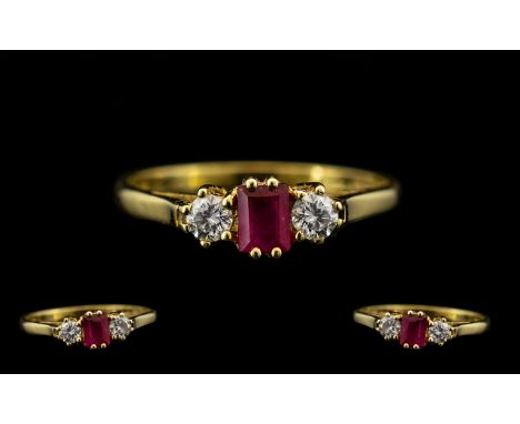 18ct Gold - Attractive Ladies 3 Stone Ruby and Diamond Set Dress Ring of Pleasing Design. Full Hallmark for 18ct -750. The St