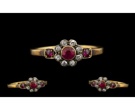 18ct Gold Antique Period Petite Ruby and Diamond Set Ring of pleasing proportions. The natural rubies of pigeon blood colour 