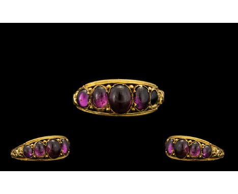 Antique Period - Attractive 15ct Gold 5 Stone Amethyst Set Ring - Excellent Setting. The Five Cabochon Cut Amethysts of Good 