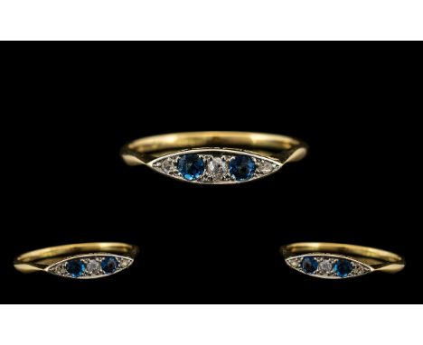 Art Deco Period - Attractive 18ct Gold and Platinum Diamond and Sapphire Set Dress Ring of Petite Form. Sapphires of Excellen