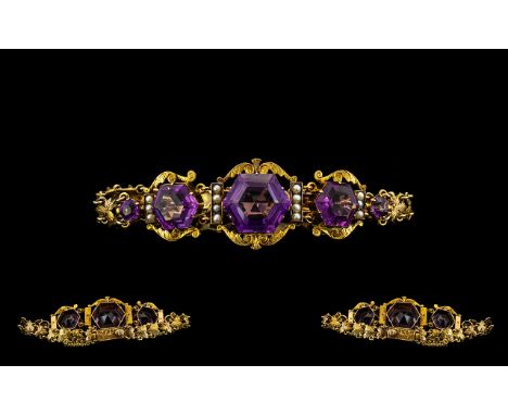 Victorian Period 1837-1901 Superb Quality Ornate 9ct Gold Natural Leaf Decorated Ladies Bracelet. Set with Faceted Amethysts 