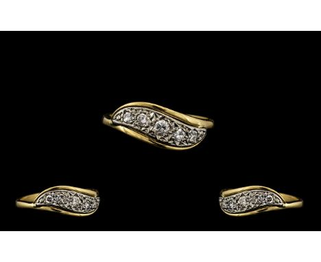 18ct Gold and Platinum Attractive Diamond Set Dress Ring of Petite Form. Marked 18ct and Platinum, Diamonds - Good Colour and