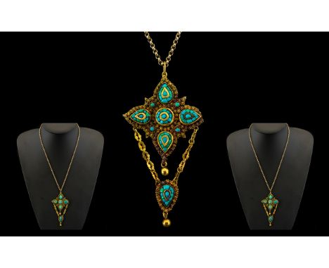 Antique Period 18ct Gold Superb Quality Impressive and Large Pendant Drip - set with turquoise wonderful design with later at