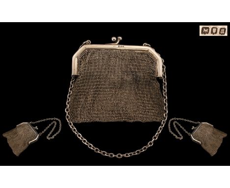 Silver Purse. Silver purse hallmarked London 1916, with attached silver carrying chain, 133 grams, 4 by 4 inches, please see 