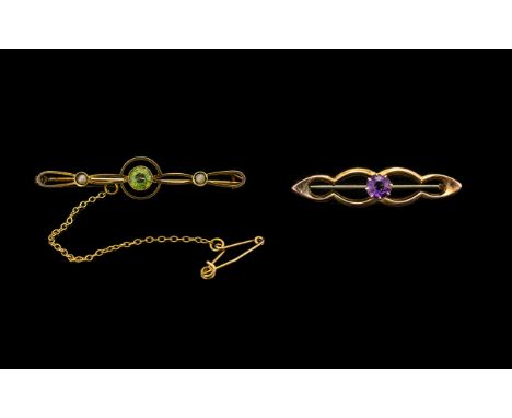 Antique Period 9ct Gold Peridot Set Brooch with safety chain. Marked 9ct. 1.75 inches 4.40 cms long. Plus a small 9ct gold br