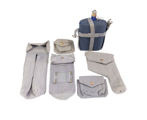  Second World War RAF 1937 Pattern webbing water bottle carrier and bottle, a pistol holster, pistol ammunition pouch, Sten l